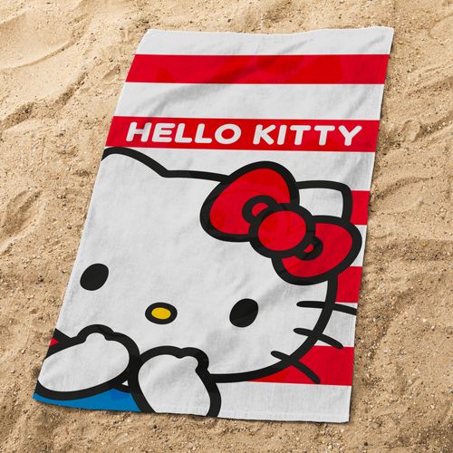 Serviette De Bain Et De Plage Imprimée 100% Coton, Hello Kitty Red Blanc 70x120cm