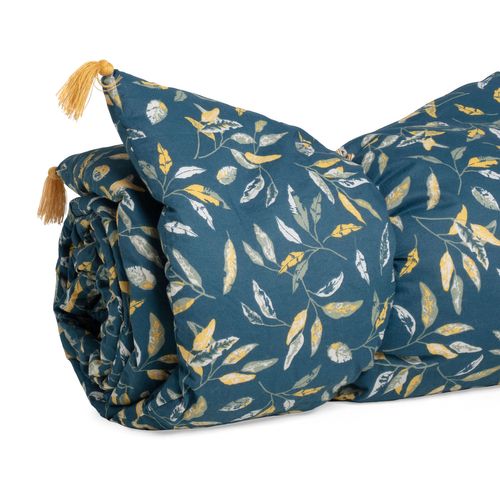 Édredon Imprimé à Motif Végétal, Feuillage Indigo, Curry 100x190cm