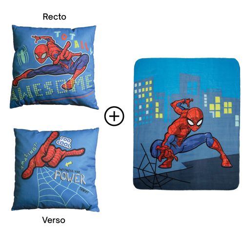 Ensemble Plaid Et Coussin, Spiderman Hero Bleu 110x140+40x40cm