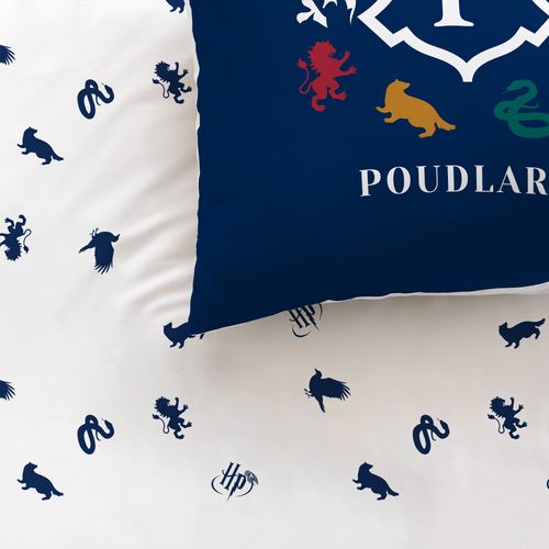 Parure De Lit Imprimée + Drap Housse 100% Coton, Harry Potter Blason Bleu 140x200+90x190/200+63x63cm