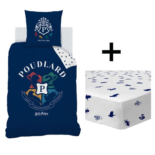 Parure De Lit Imprimée + Drap Housse 100% Coton, Harry Potter Blason Bleu 140x200+90x190/200+63x63cm
