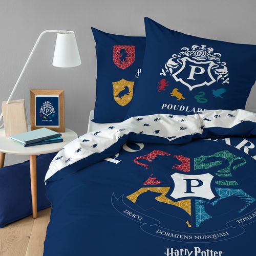 Parure De Lit Imprimée + Drap Housse 100% Coton, Harry Potter Blason Bleu 140x200+90x190/200+63x63cm