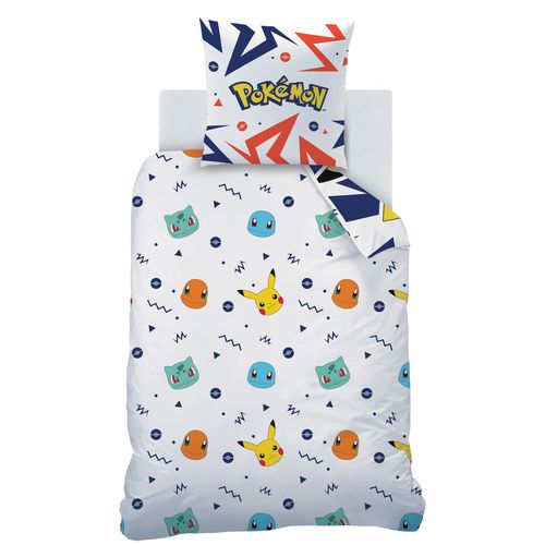 Parure De Lit Imprimée + Drap Housse 100% Coton, Pokemon Ziggy Blanc 140x200+90x190/200+63x63cm