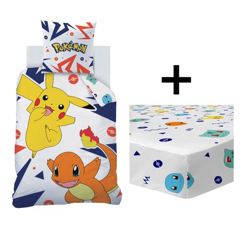 Parure De Lit Imprimée + Drap Housse 100% Coton, Pokemon Ziggy Blanc 140x200+90x190/200+63x63cm