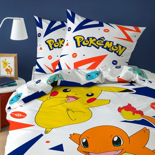 Parure De Lit Imprimée + Drap Housse 100% Coton, Pokemon Ziggy Blanc 140x200+90x190/200+63x63cm