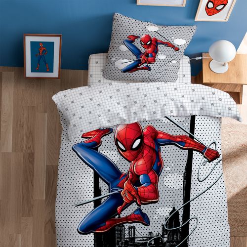 Parure De Lit Imprimée + Drap Housse 100% Coton, Spiderman Hero Bleu 140x200+90x190/200+63x63cm