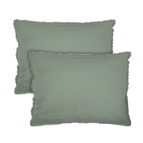 Set De 2 Taies D'oreiller Unies à Franges, Coton Lavé Lichen 60x70cm