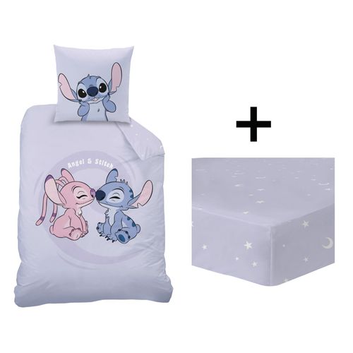 Parure De Lit + Drap Housse 100% Coton, Disney Home Stitch Happy Violet 140x200+90x190/200+63x63cm