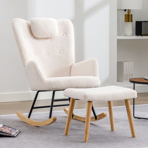 Fauteuil à Bascule Blanc Confortable, Fauteuil à Bascule En Peluche Avec Appui-tête Et Repose-pieds