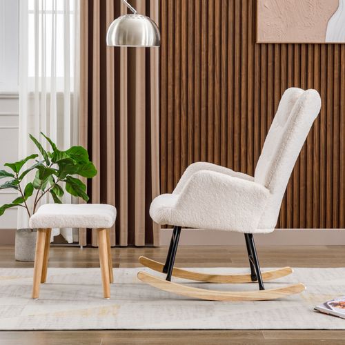 Fauteuil à Bascule Blanc Confortable, Fauteuil à Bascule En Peluche Avec Appui-tête Et Repose-pieds