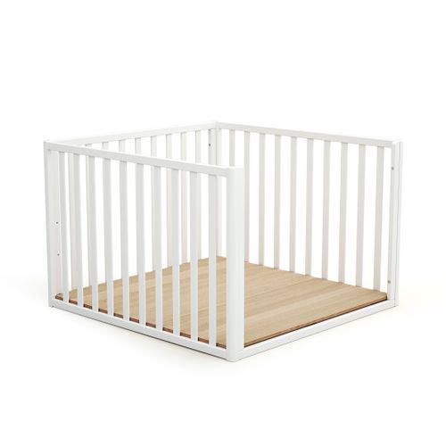 Parc Bébé Évolutif Cabane En Bois Confort Blanc Et Hêtre Verni 100 X 100 Cm