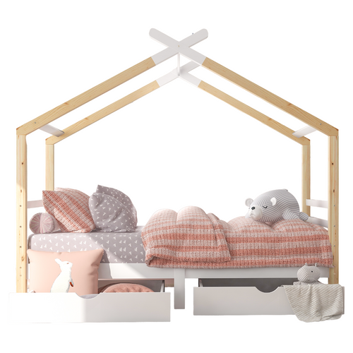 Lit Cabane En Bois Pour Enfants Avec Tiroirs  Et Sommier à Lattes, En Bois Massif De Pin, Blanc