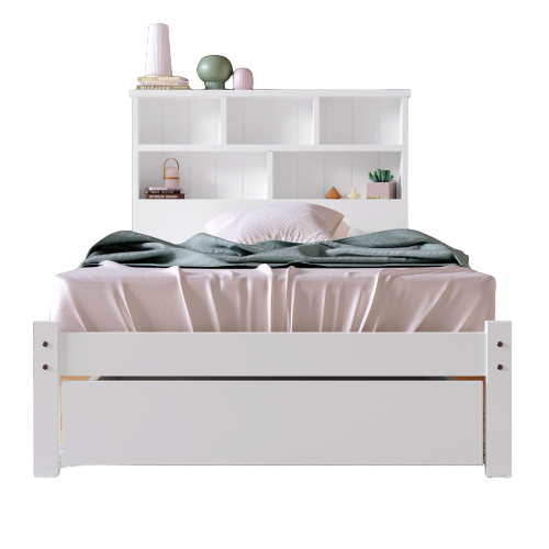 Lit Enfant Simple En Bois Massif 90x200 Avec Tiroirs, Bibliothèque Et Sommier à Lattes, Blanc