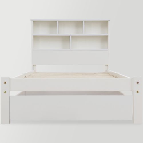 Lit Enfant Simple En Bois Massif 90x200 Avec Tiroirs, Bibliothèque Et Sommier à Lattes, Blanc