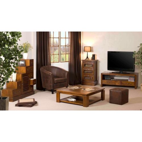 Lauren - Meuble TV Marron 2 Grands Tiroirs 1 Petit Tiroir Bois Mindi