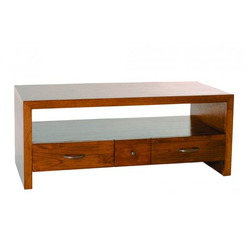 Lauren - Meuble TV Marron 2 Grands Tiroirs 1 Petit Tiroir Bois Mindi