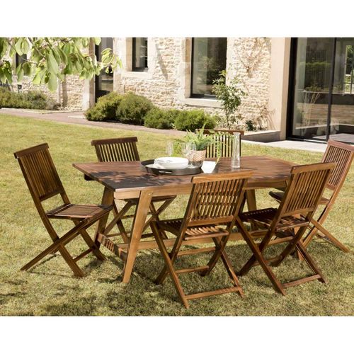 Hanna - Salon De Jardin En Bois Teck Huilé 8/10 Personnes - 1 Table Rectangulaire Scandi Extensible