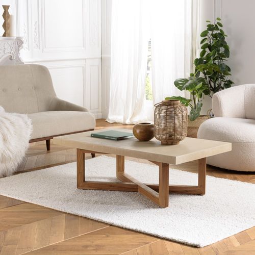 Dak - Table Basse Rect. 120x70cm En Béton Et Bois De Teck Beige