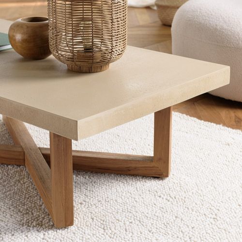 Dak - Table Basse Rect. 120x70cm En Béton Et Bois De Teck Beige