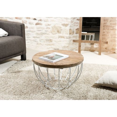 Sixtine - Table Basse Plateau 60x60cm Bois Teck Recyclé Métal Blanc