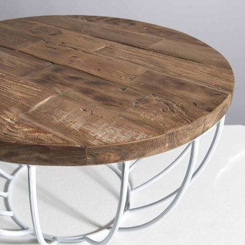 Sixtine - Table Basse Plateau 60x60cm Bois Teck Recyclé Métal Blanc