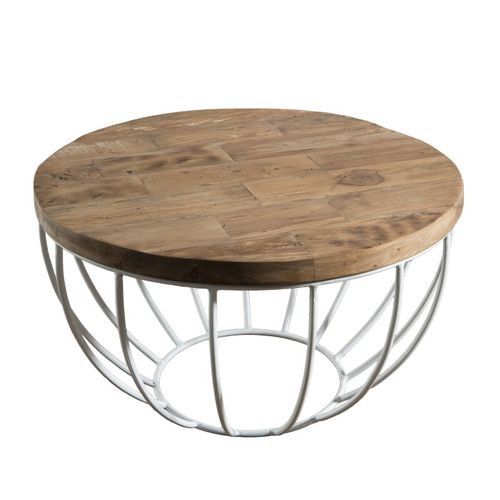 Sixtine - Table Basse Plateau 60x60cm Bois Teck Recyclé Métal Blanc