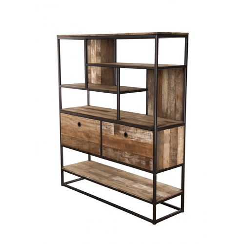 Alida - Étagère Marron 2 Tiroirs Et 7 Niches Teck Recyclé Acacia Mahogany Recyclé Et Métal Noir
