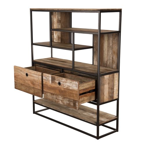 Alida - Étagère Marron 2 Tiroirs Et 7 Niches Teck Recyclé Acacia Mahogany Recyclé Et Métal Noir