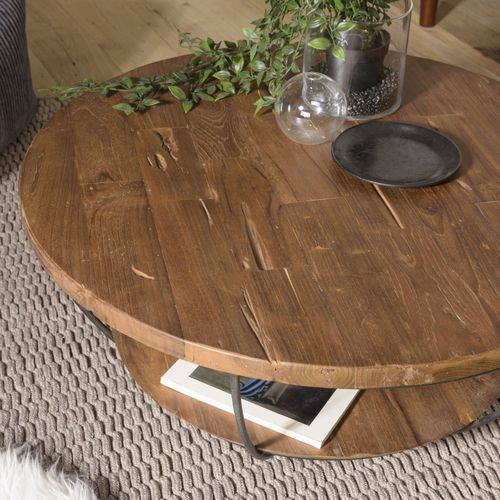 Sixtine - Table Basse Ronde 80x80cm Plateau Bois Teck Recyclé Noir