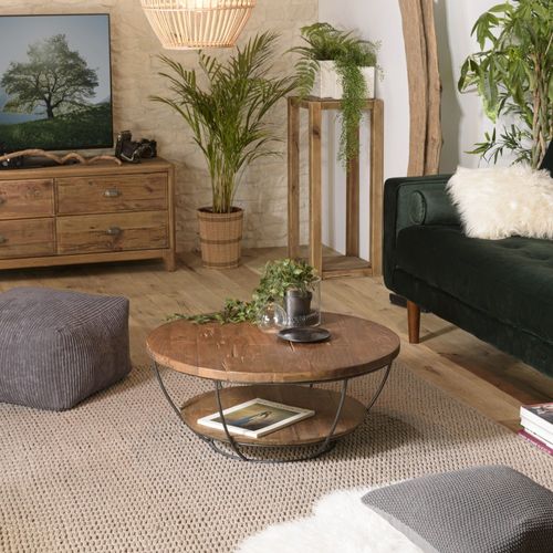 Sixtine - Table Basse Ronde 80x80cm Plateau Bois Teck Recyclé Noir