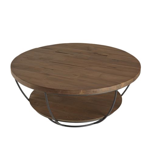 Sixtine - Table Basse Ronde 80x80cm Plateau Bois Teck Recyclé Noir