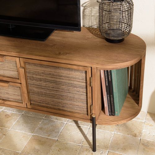 Sixtine - Meuble TV Arrondi En Bois De Teck Recyclé 2 Portes 2 Tiroirs