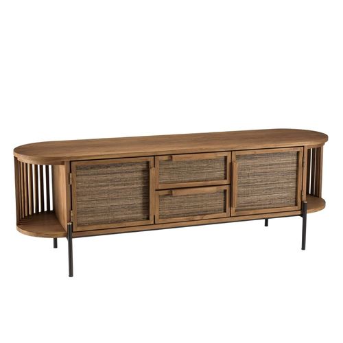 Sixtine - Meuble TV Arrondi En Bois De Teck Recyclé 2 Portes 2 Tiroirs