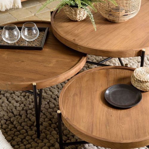 Sixtine - Set De 3 Tables Basses Tripodes Rondes Bois De Teck Recyclé