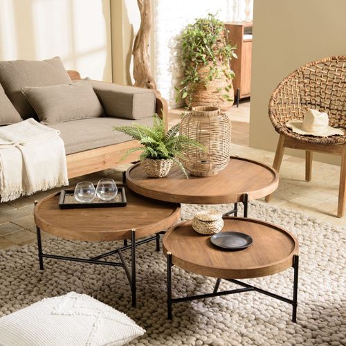 Sixtine - Set De 3 Tables Basses Tripodes Rondes Bois De Teck Recyclé