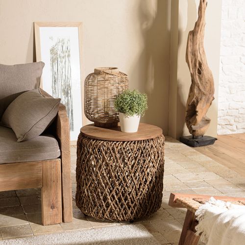 Alida - Table D'appoint Ronde 50x50cm En Tissage De Fibre De Cocotier