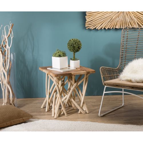 Laly - Table D'appoint Nature - Plateau Carré 55x55cm Teck Pieds Bois Flotté