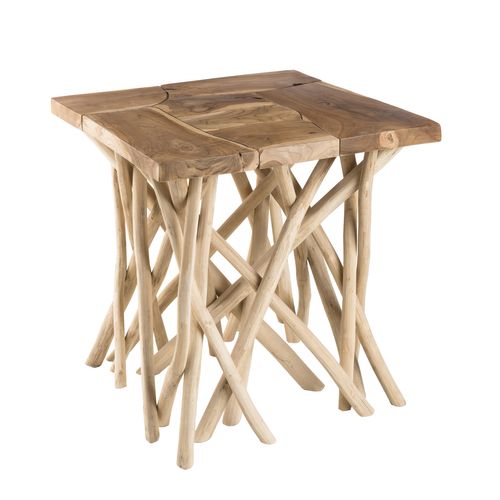 Laly - Table D'appoint Nature - Plateau Carré 55x55cm Teck Pieds Bois Flotté