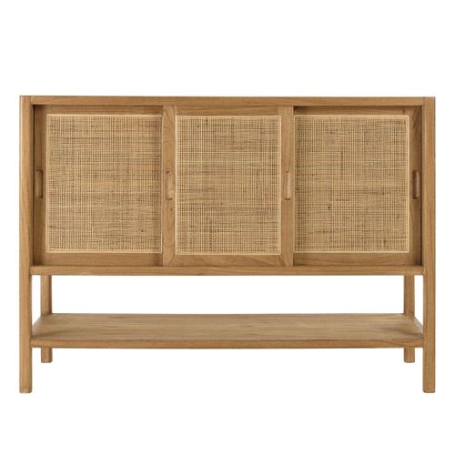 Amy - Buffet 2 Étagères 3 Portes Coulissantes En Mindi Et Rotin Naturel Amy