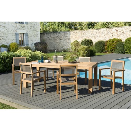Halice - Salon De Jardin En Bois Teck 6/8 Pers - 1 Table Rectangulaire 220*100 Cm Et 6 Fauteuils Em