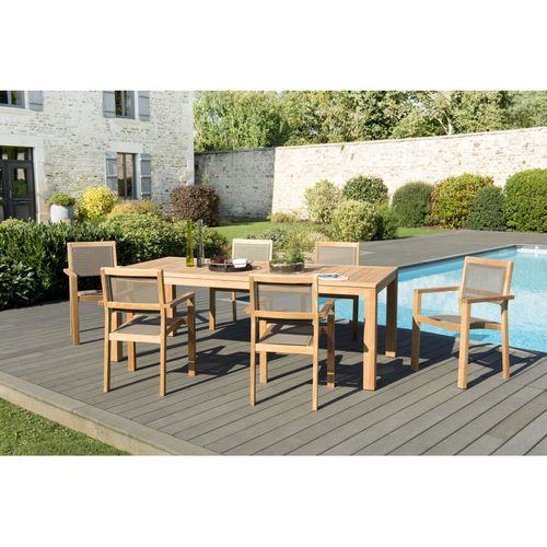 Halice - Salon De Jardin En Bois Teck 6/8 Pers. - 1 Table Rectangulaire 220*100 Cm Et 6 Fauteuils E