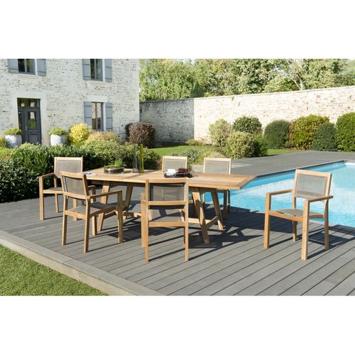 Harris - Salon De Jardin En Bois Teck 8/10 Pers. 1 Table Rect. Extensible 180/240*100 Cm 6 Fauteuil