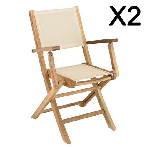 Fun - Lot De 2 Fauteuils Pliants Bois Teck Textilène Couleur Beige
