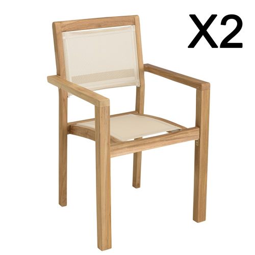 Fun - Lot De 2 Fauteuils Empilables Bois Teck Et Textilène Beige