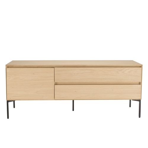 Maxendre - Meuble TV Bois Naturel 1 Porte 2 Tiroirs Pieds Métal Noir