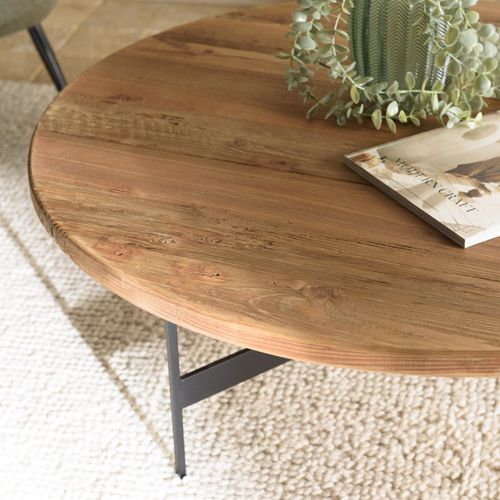 Dandy - Table Basse Ronde 90x90cm Bois Pin Recyclé Et Pieds Métal Noir