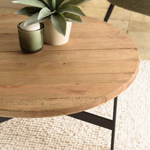 Dandy - Table Basse Ronde 70x70cm Bois Pin Recyclé Et Pieds Métal Noir
