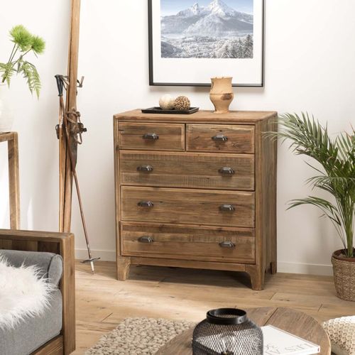 Sandy - Meuble Chiffonnier Marron 5 Tiroirs Bois Pin Recyclé