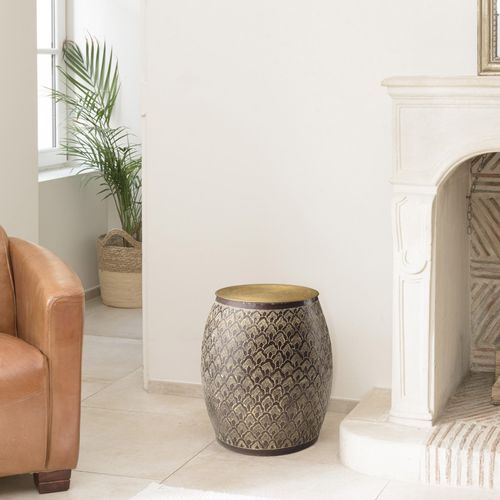 Honore - Table D'appoint Alu L40cm H45cm Marron Antique Et Motifs Doré