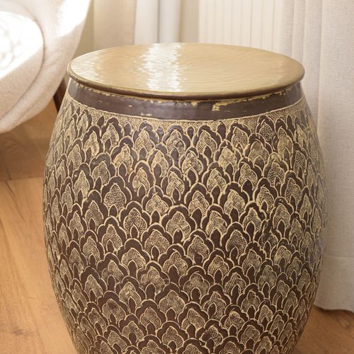 Honore - Table D'appoint Alu L40cm H45cm Marron Antique Et Motifs Doré